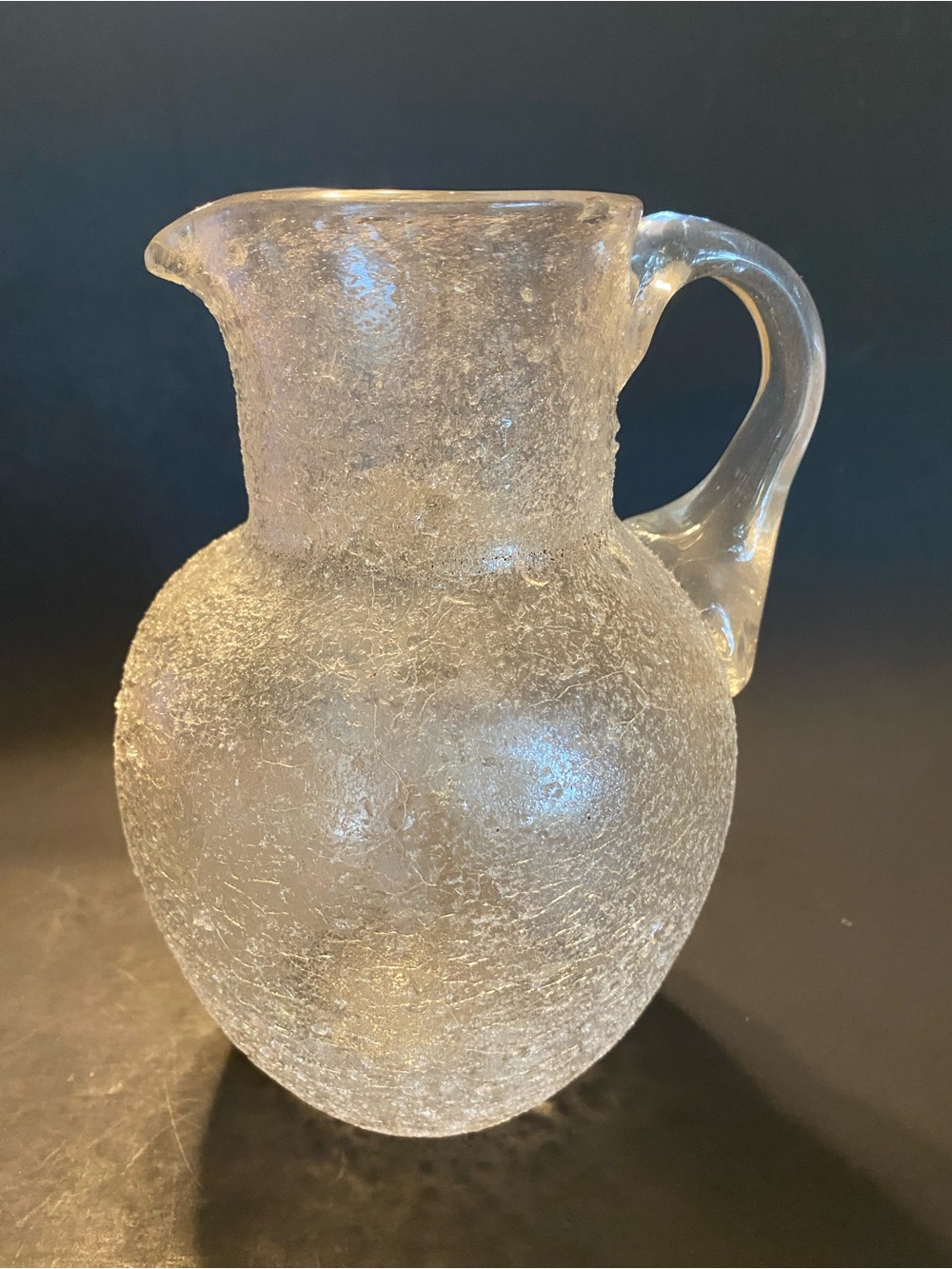 Vintage Hand-Blown Crackle Glass Pitcher — Applied Handle, Pontil Mark, 7” Clear